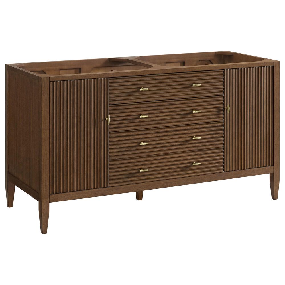 James Martin Vanities Myrrin 60" Double Bathroom Vanity in Mid-Century Walnut with 3 cm Eternal Jasmine Pearl Silestone Top, Rectangular Sinks and FreePower Wireless Charger, , large