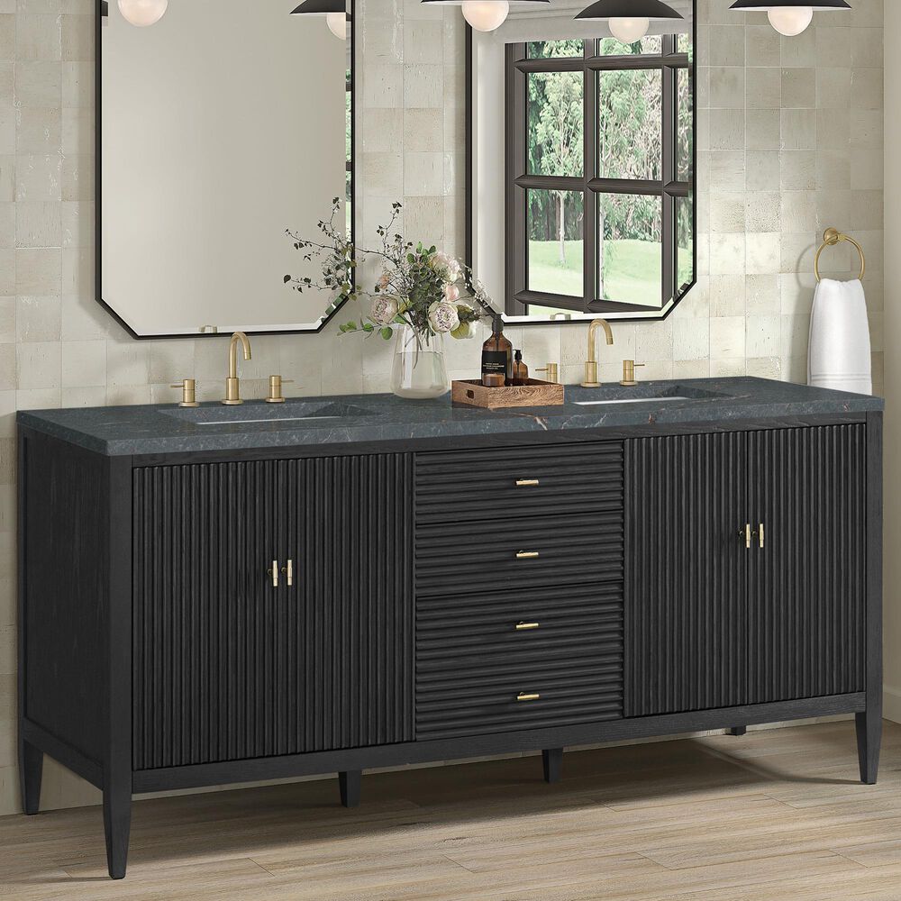 James Martin Vanities Myrrin 72" Double Bathroom Vanity in Carbon Oak with 3 cm Eternal Jasmine Pearl Silestone Top, Rectangular Sinks and FreePower Wireless Charger, , large