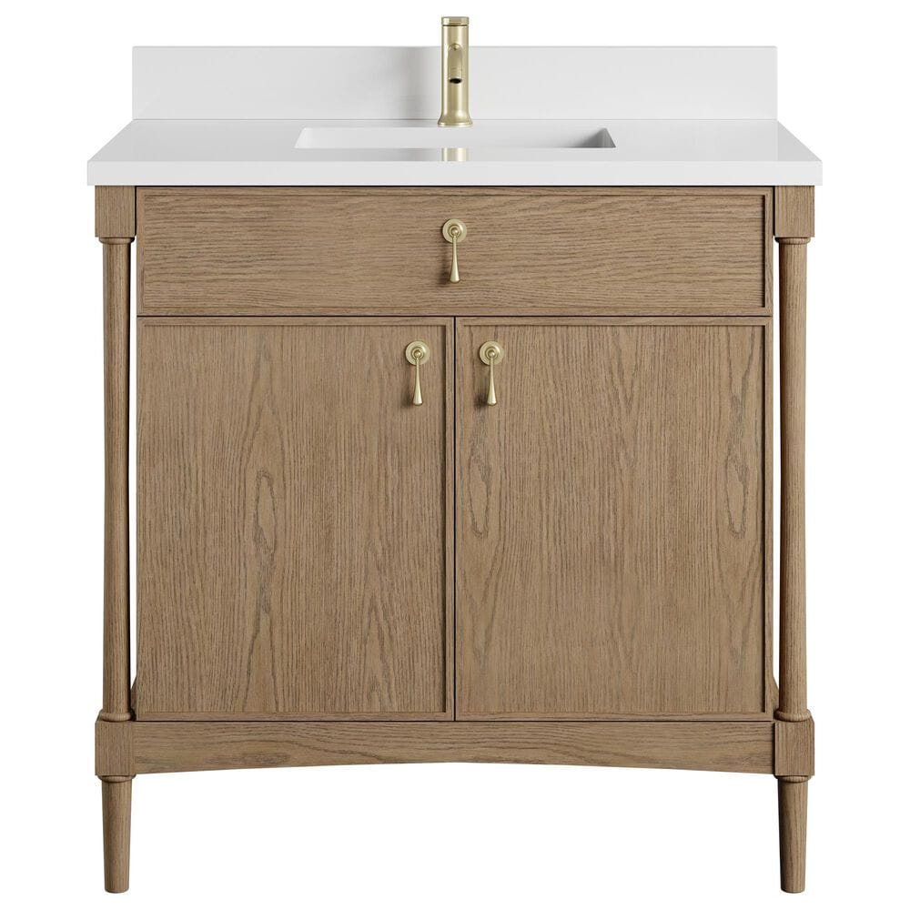 James Martin Kinnsden 36" Single Bathroom Vanity in Weathered Oak with Single Hole 3 cm White Zeus Silestone Top and Rectangular Sink, , large
