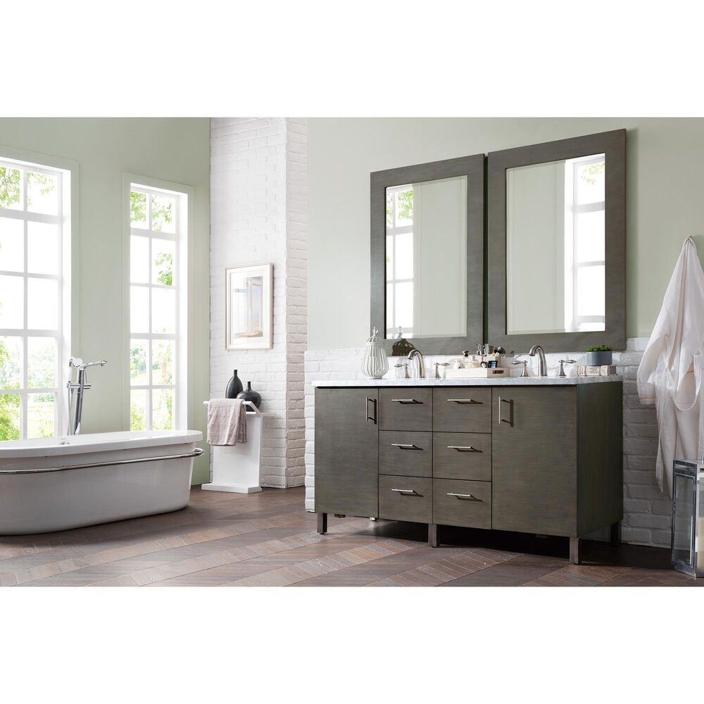 James Martin Metropolitan 60" Double Bathroom Vanity in Silver Oak with 3 cm Carrara White