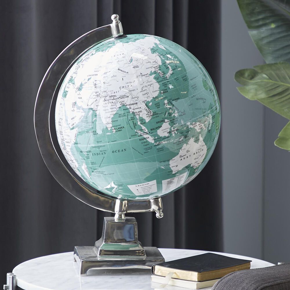 Maple and Jade World Map Educational Geographic Earth Globe in Teal, White and Satin Silver, , large