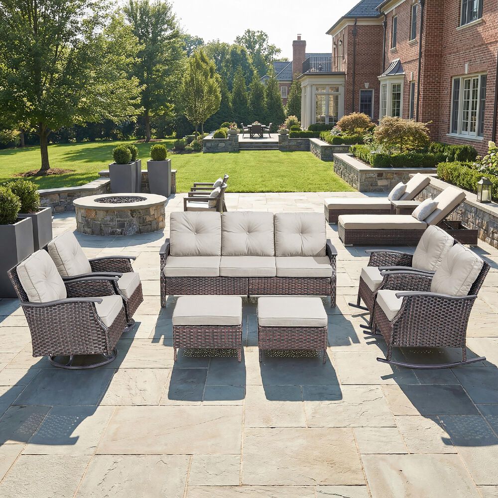 Sunwell Garden 37"H 3-Seater Outdoor Sofa with Wide Armrests and Beige Cushions in Brown, , large