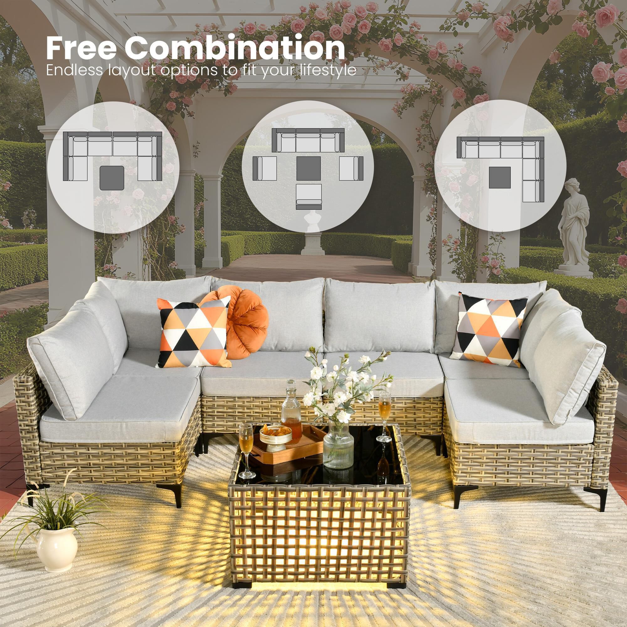 HOMLUX 11-Piece Outdoor Modular Sofa Conversation Set in Gray