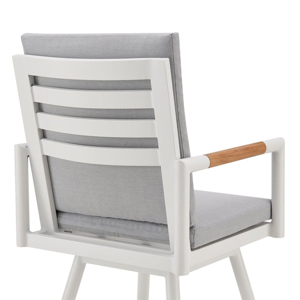 Armen Living Crown Patio Swivel Counter Height Bar Stool with Light Gray Cushion in White, , large
