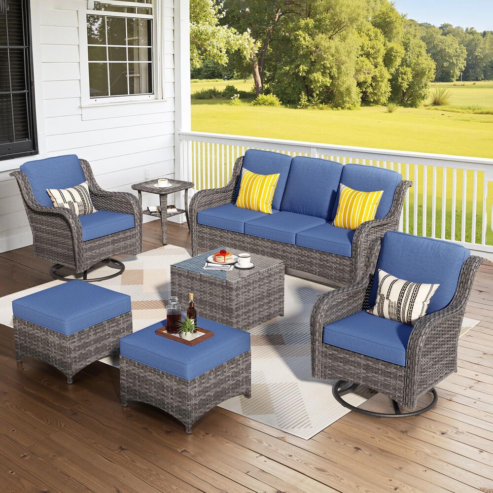 HOMLUX 7-Piece Gray Wicker Patio Sofa Set in Denim Blue, , large