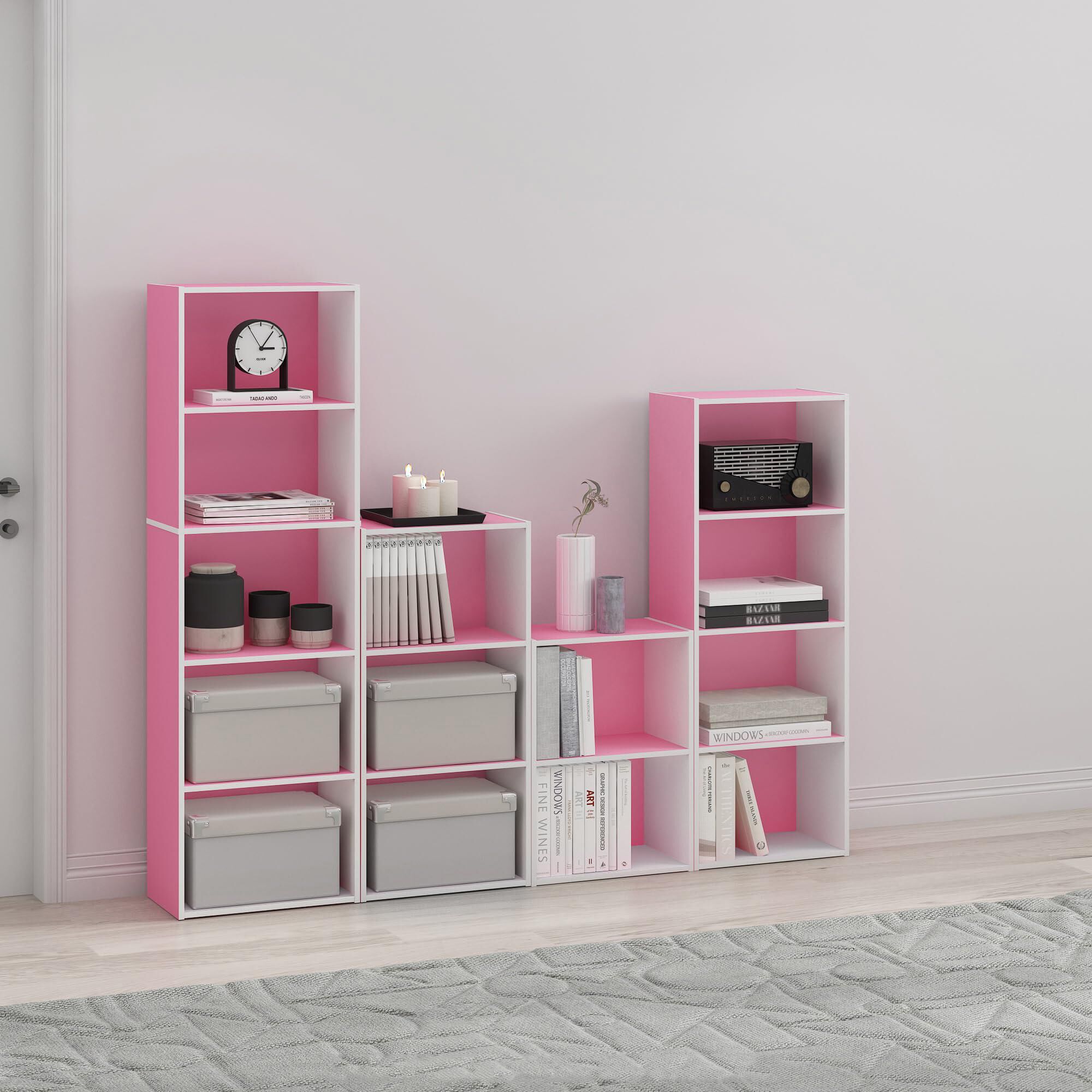HOMLUX 4-Tier Open Shelf Bookcase in Pink and White
