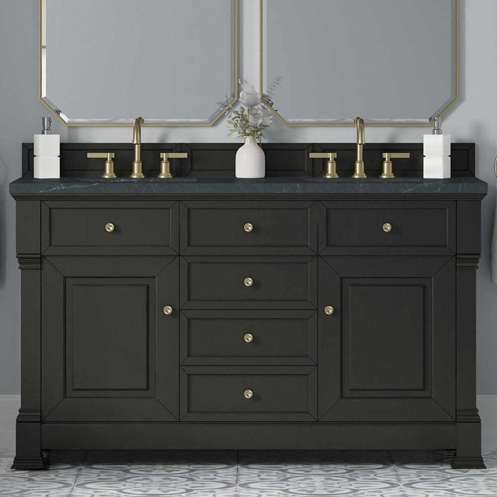 James Martin Vanities Brookfield 60&quot; Double Bathroom Vanity in Black Onyx with 3 cm Charcoal Soapstone Quartz Top and Rectangular Sinks, , large