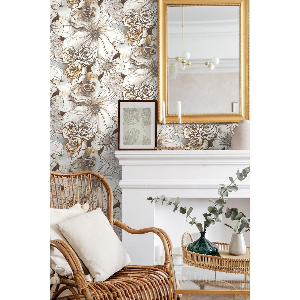 Harry and Grace Ink Rose 216&quot; x 20.5&quot; Peel and Stick Wallpaper in Mocha and Blue Mist, , large