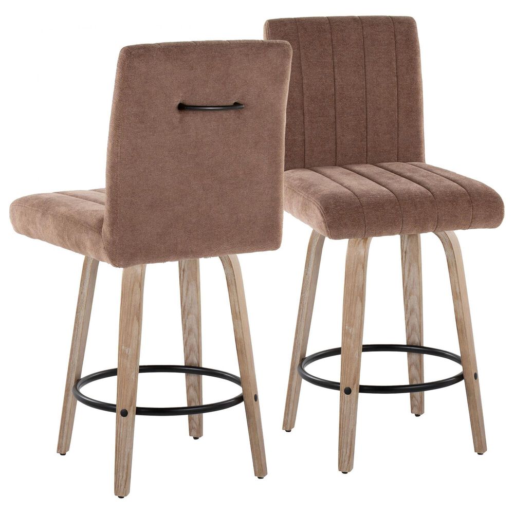 LumiSource Hank Swivel Counter Stool with Brown Fabric Upholstery in Whitewashed and Black (Set of 2), , large