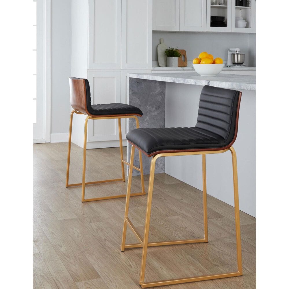 Lumisource Mason Mara Counter Stool with Black Cushion in Gold and Walnut &#40;Set of 2&#41;, , large