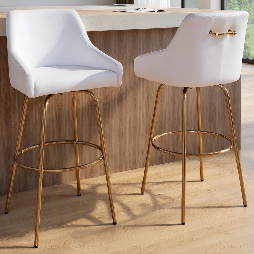 LumiSource Hannah Swivel Bar Stool with White Faux Leather Upholstery in Gold (Set of 2), , large
