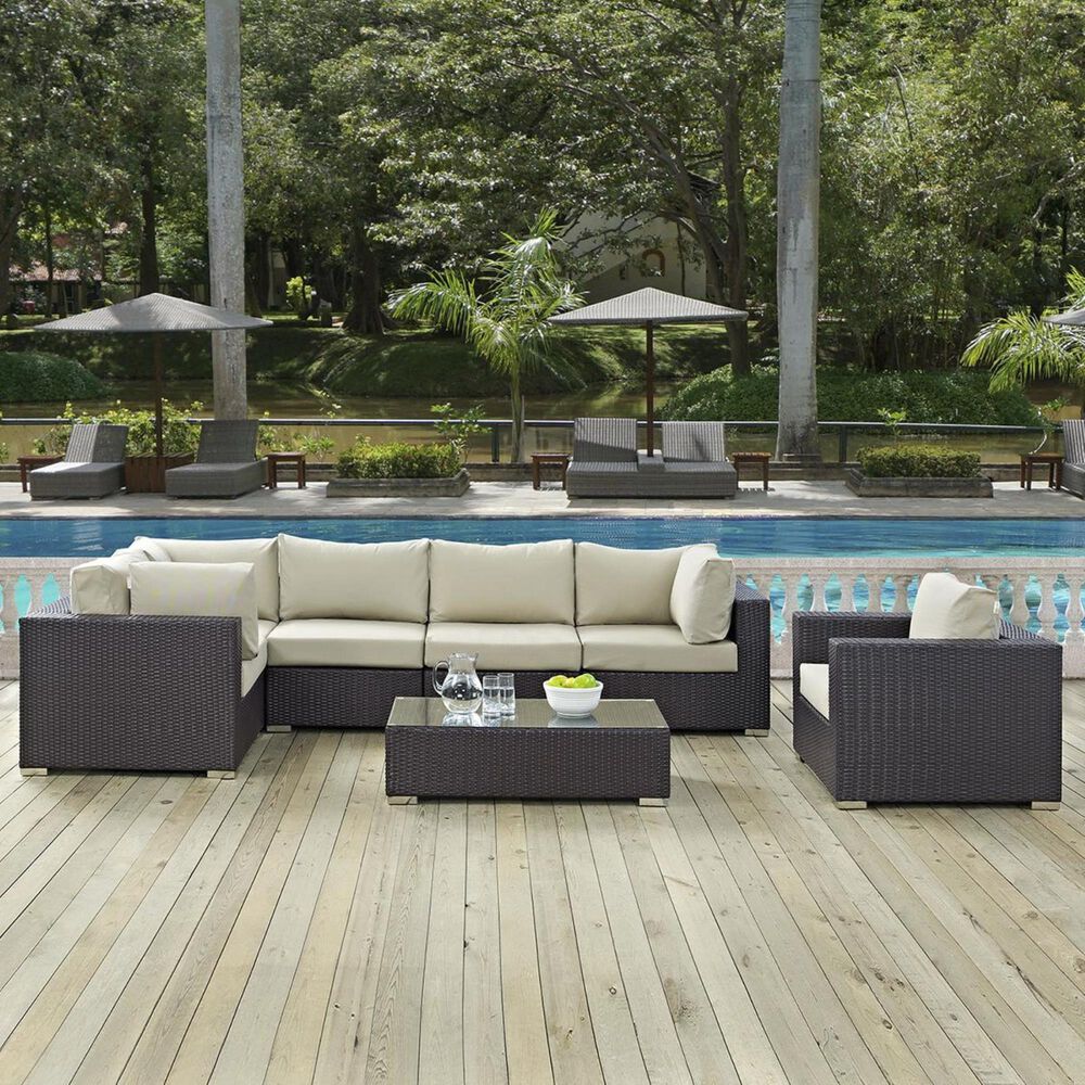 Modway Convene 7-Piece Outdoor Sectional Conversation Set in Espresso and Beige, , large