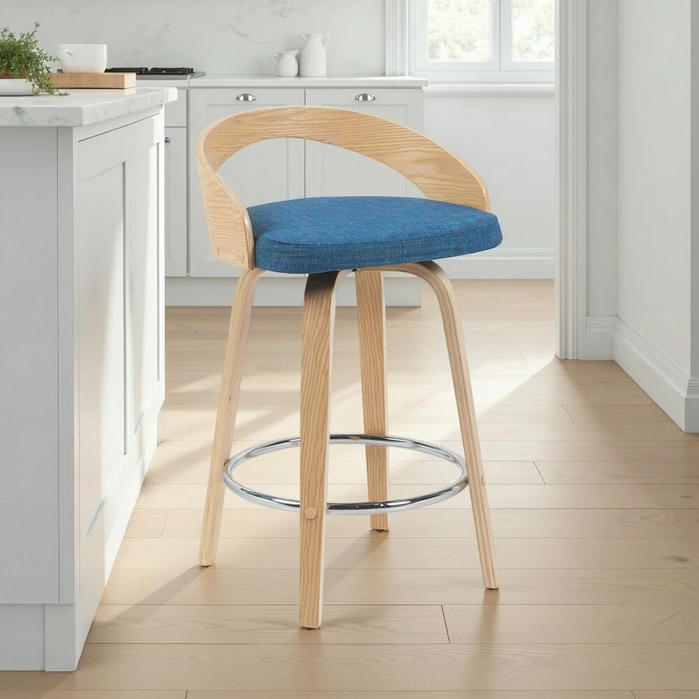 Armen Living Sonia Swivel Counter Height Stool with Blue Upholstery in Oak, , large