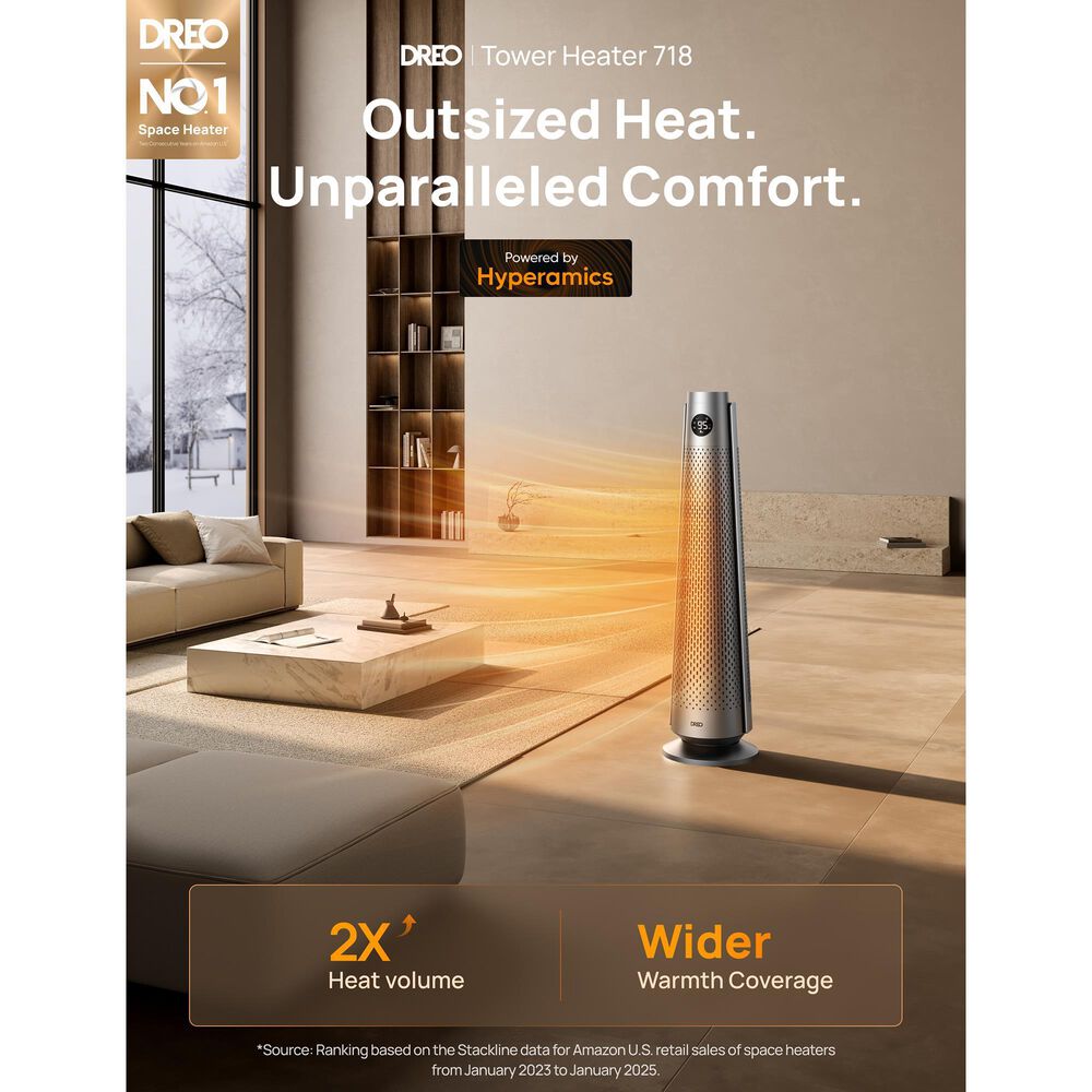 DREO Solaris 718 Ceramic Tower Indoor Electric Space Heater with Thermostat and Remote in Silver, , large