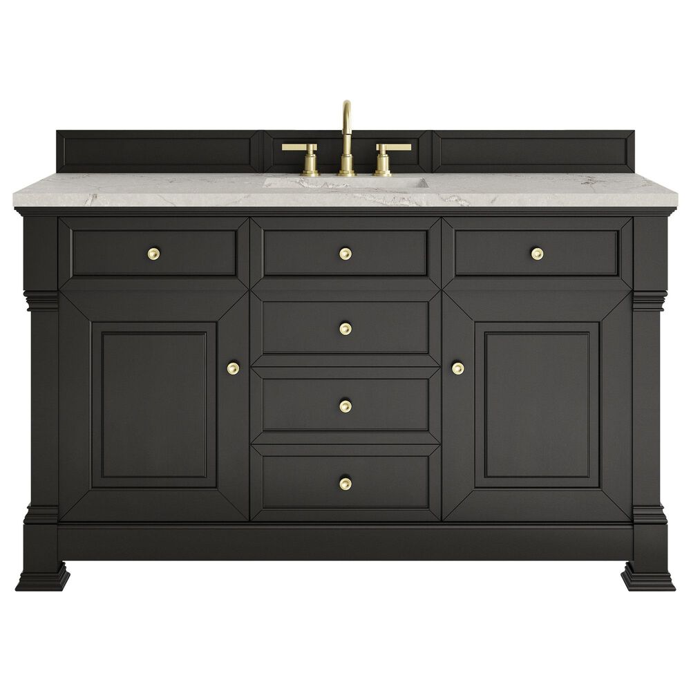 James Martin Vanities Brookfield 60" Single Bathroom Vanity in Black Onyx with 3 cm Victorian Silver Quartz Top and Rectangular Sink, , large