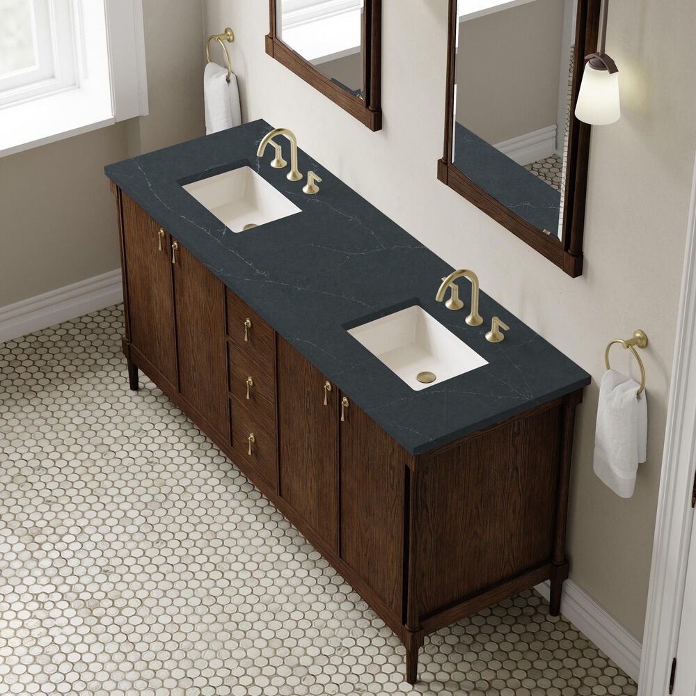 James Martin Kinnsden 72" Double Bathroom Vanity in Sable Oak with 3 cm Charcoal Soapstone Silestone Top and Rectangular Sinks, , large