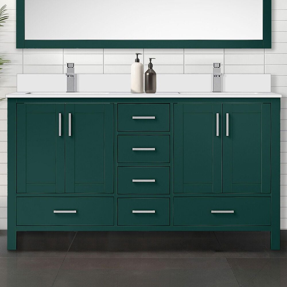 Lexora Home Jacques 60&quot; Double Bathroom Vanity in Green with 2 cm White Cultured Marble Top and Rectangular Sinks, , large