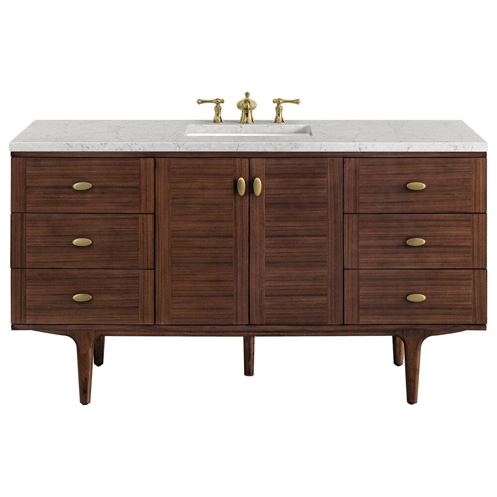 James Martin Vanities Amberly 60" Single Bathroom Vanity in Walnut with 3 cm Eternal Jasmine Pearl Quartz Top and Rectangular Sink, , large