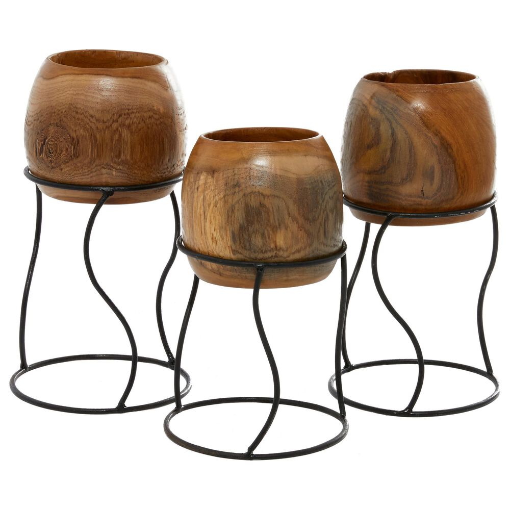 Maple and Jade Rustic Wood Vase with Iron Stand in Brown and Black (Set of 3), , large