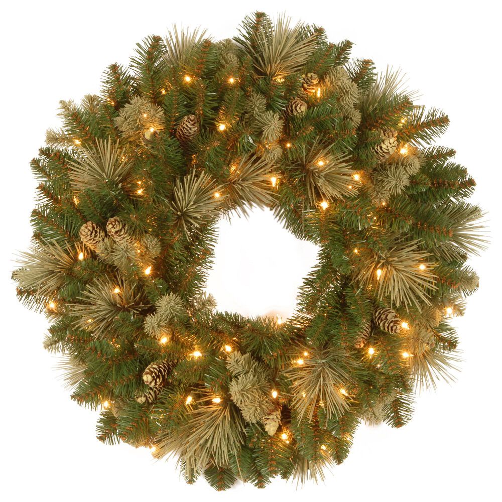 National Tree 30" Carolina Pine Wreath with Flocked Cones and Warm White Battery Operated LED Lights w/Timer, , large