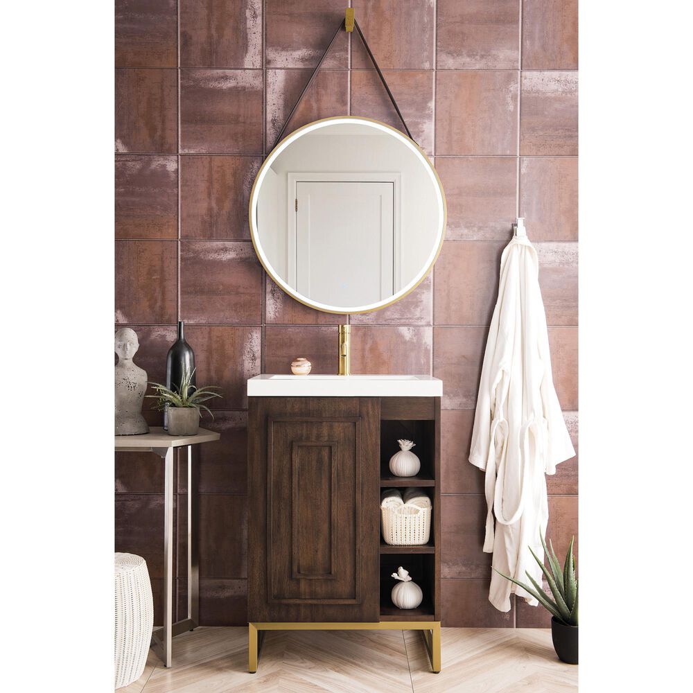 James Martin Vanities Alicante 24&quot; Single Bathroom Vanity in Mid Century Acacia and Radiant Gold with 5 cm White Glossy Resin Top and Rectangular Sink, , large