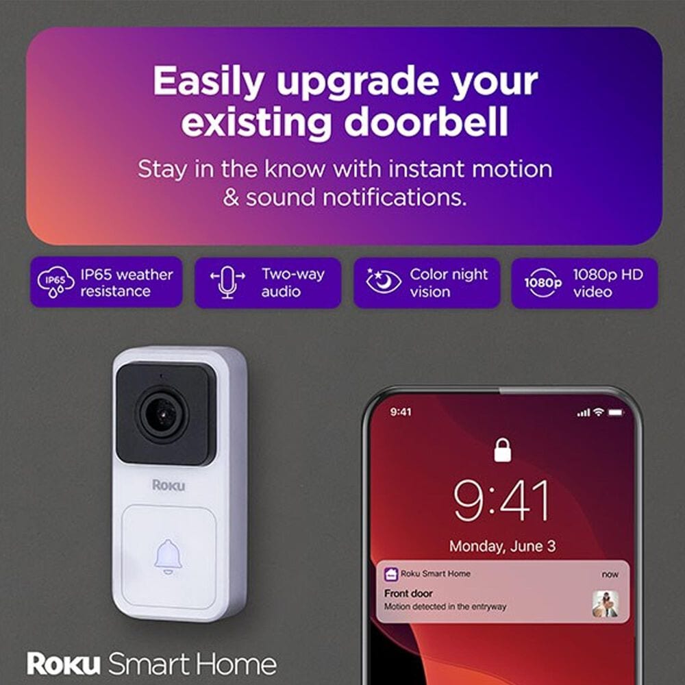 Roku Video Doorbell and Chime with 1080p HD Night Vision in White, , large