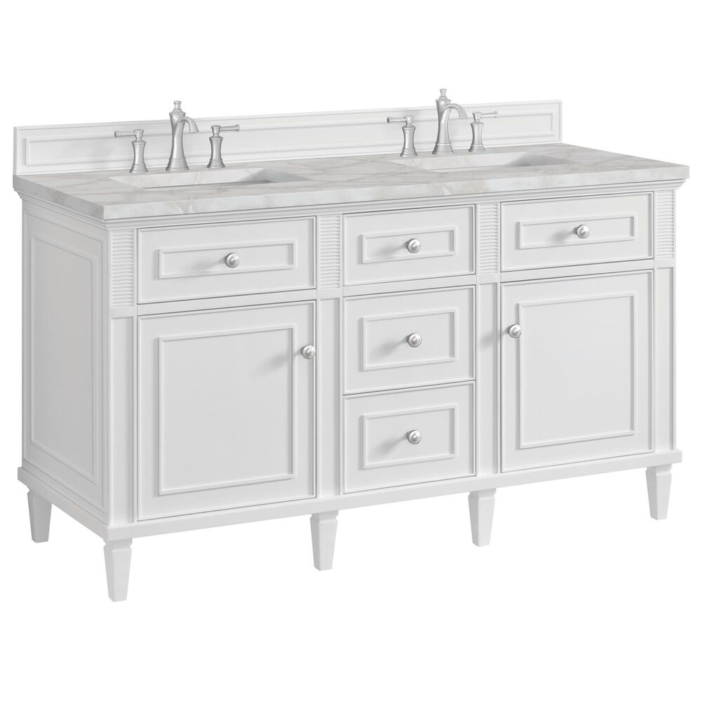 James Martin Vanities Lorelai 60" Double Bathroom Vanity in Bright White with 3 cm Ethereal Noctis Silestone Top, Rectangular Sinks and FreePower Wireless Charger, , large