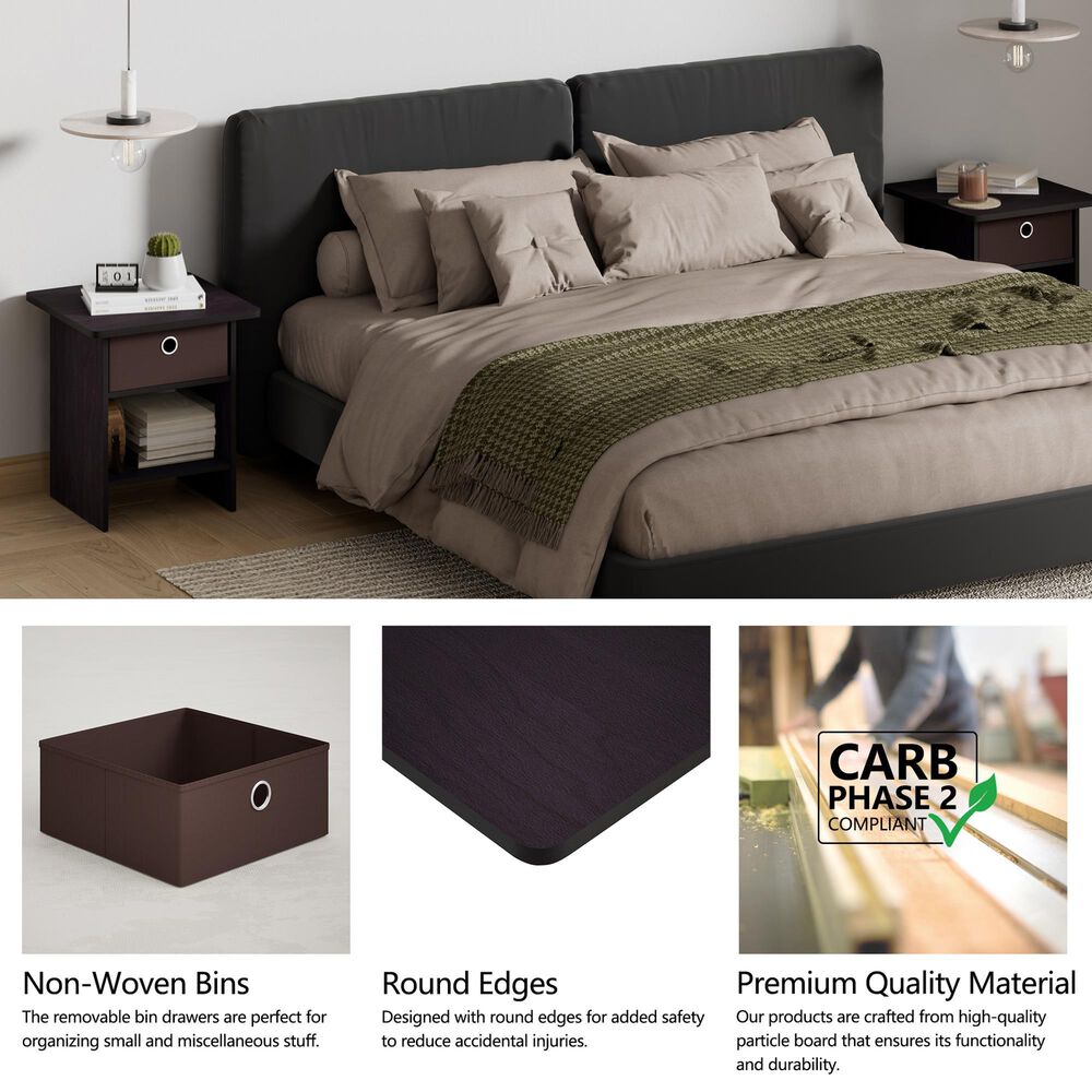 HOMLUX 1-Drawer Modern Nightstand with Open Shelf in Dark Walnut (Set of 2), , large