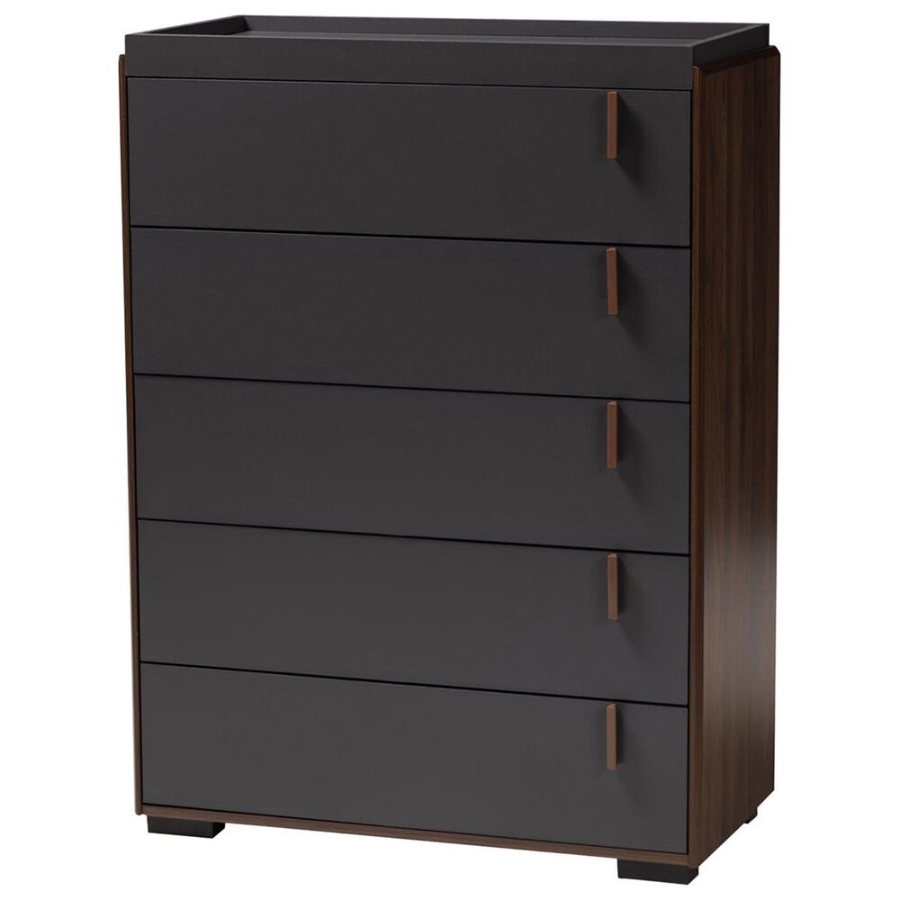 Baxton Studio Rikke 5 Drawer Chest in Gray/Walnut, , large