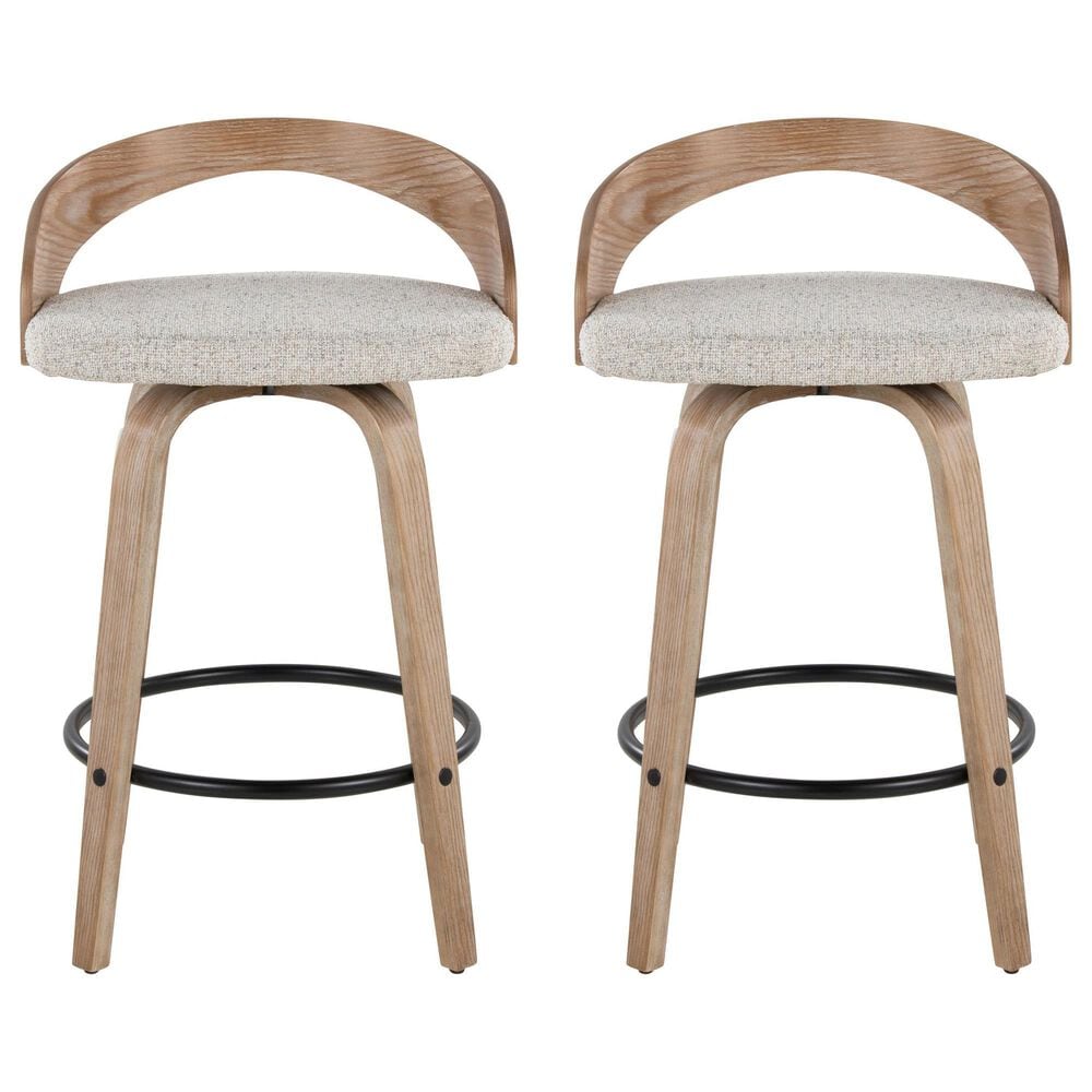 LumiSource Grotto 26" Swivel Counter Stool with Oat Fabric Upholstery in Whitewashed and Black (Set of 2), , large