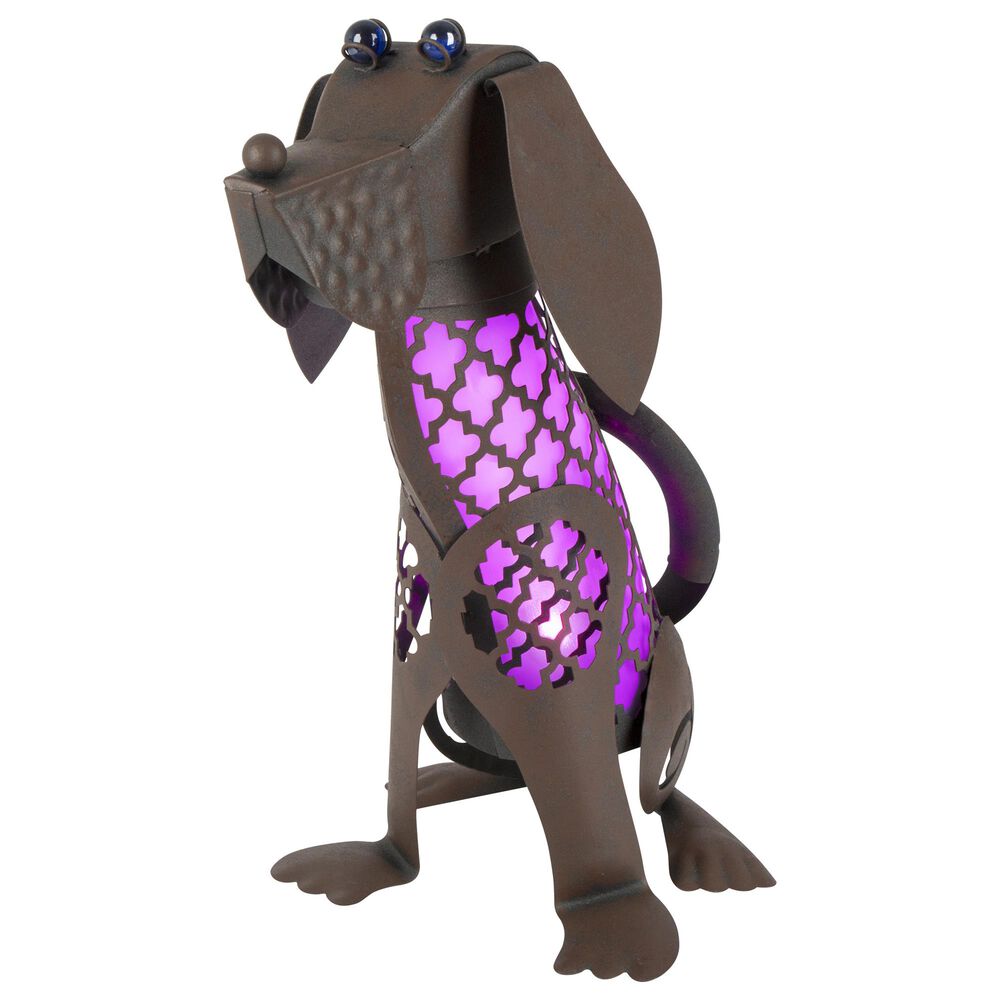 The Gerson Company 15.5" Solar Pink Lighted Garden Dog in Rustic Brown, , large