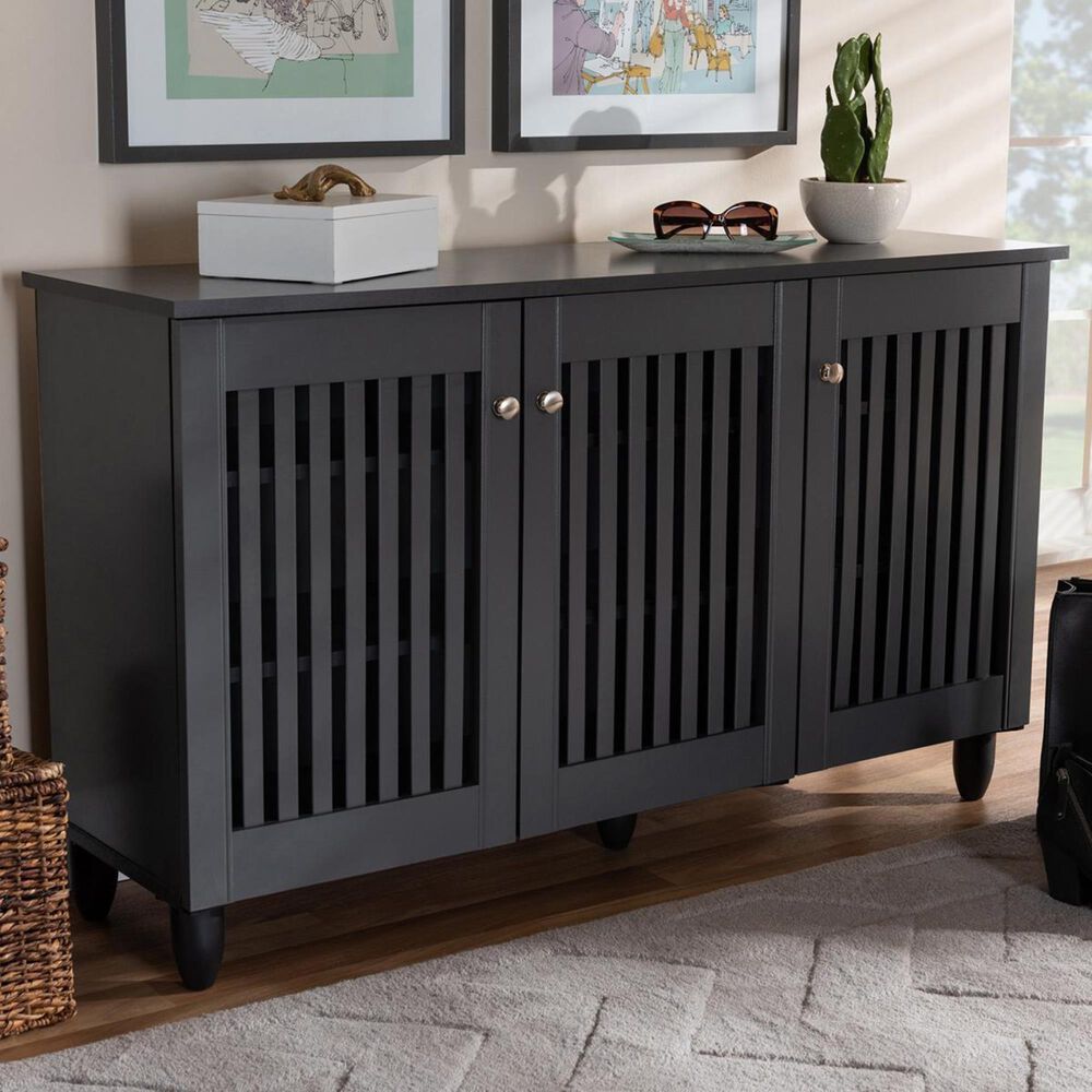 Baxton Studio Fernanda 3-Door Entryway Shoe Storage Cabinet in Dark Gray, , large
