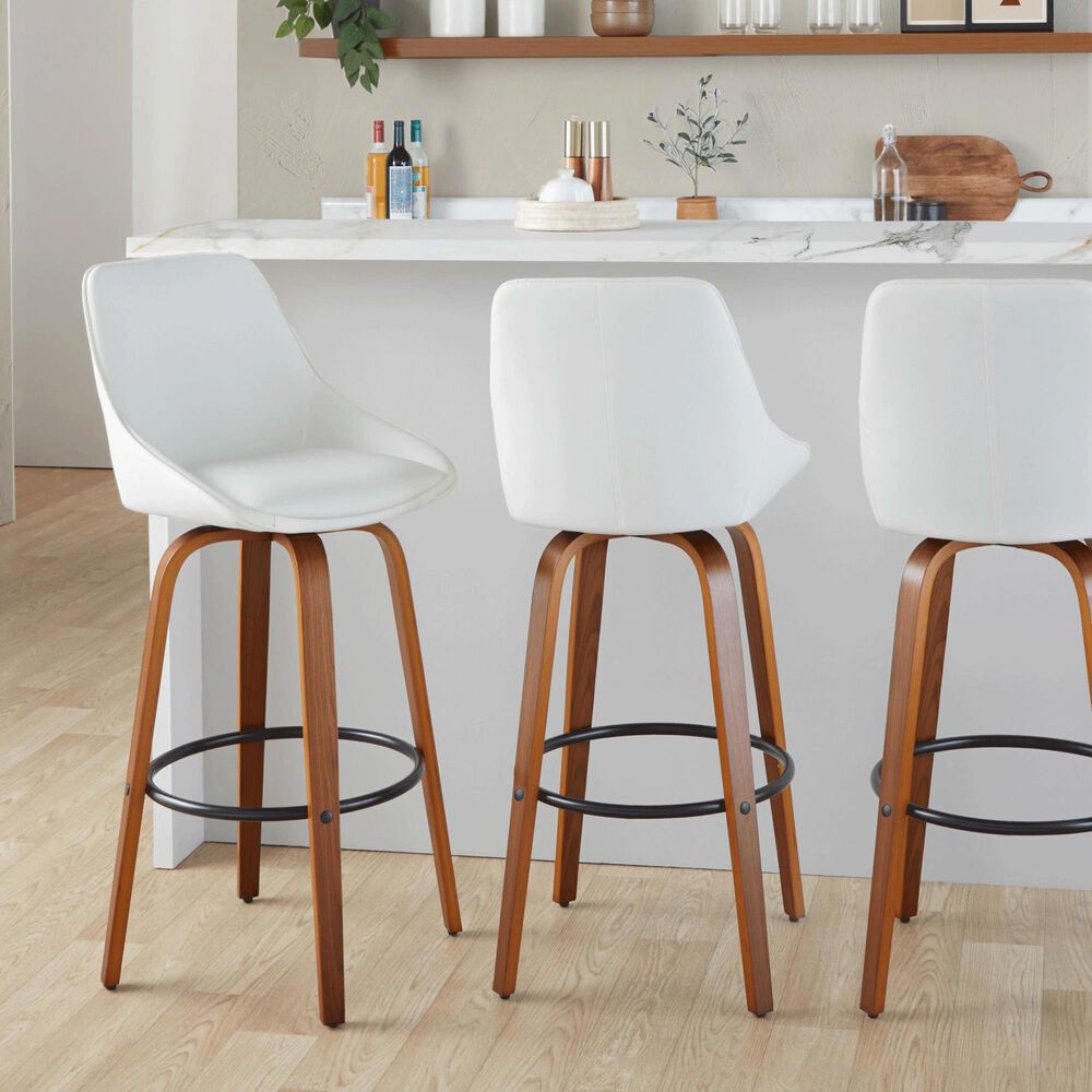 LumiSource Diana 30" Swivel Barstool with White Faux Leather Upholstery in Walnut and Black (Set of 2), , large