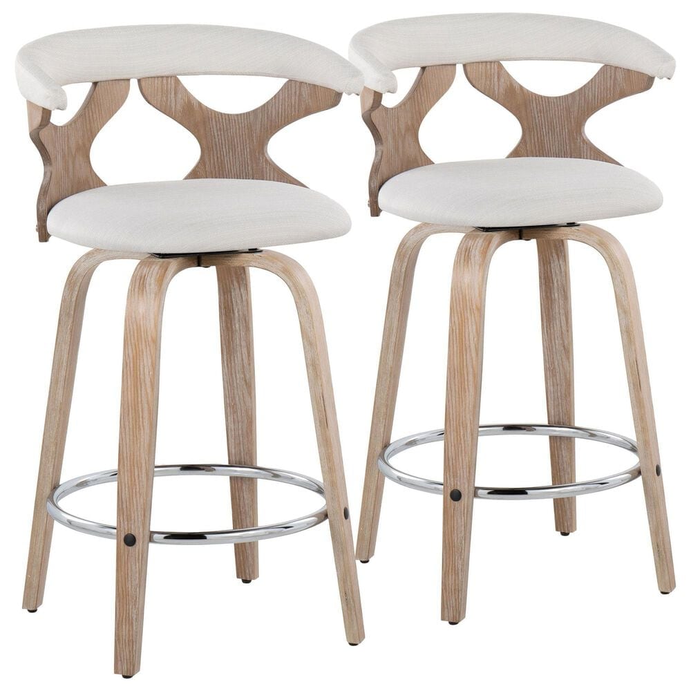 LumiSource Gardenia Swivel Fixed-Height Counter Stool with Cream Fabric Upholstery in Chrome and Whitewashed (Set of 2), , large