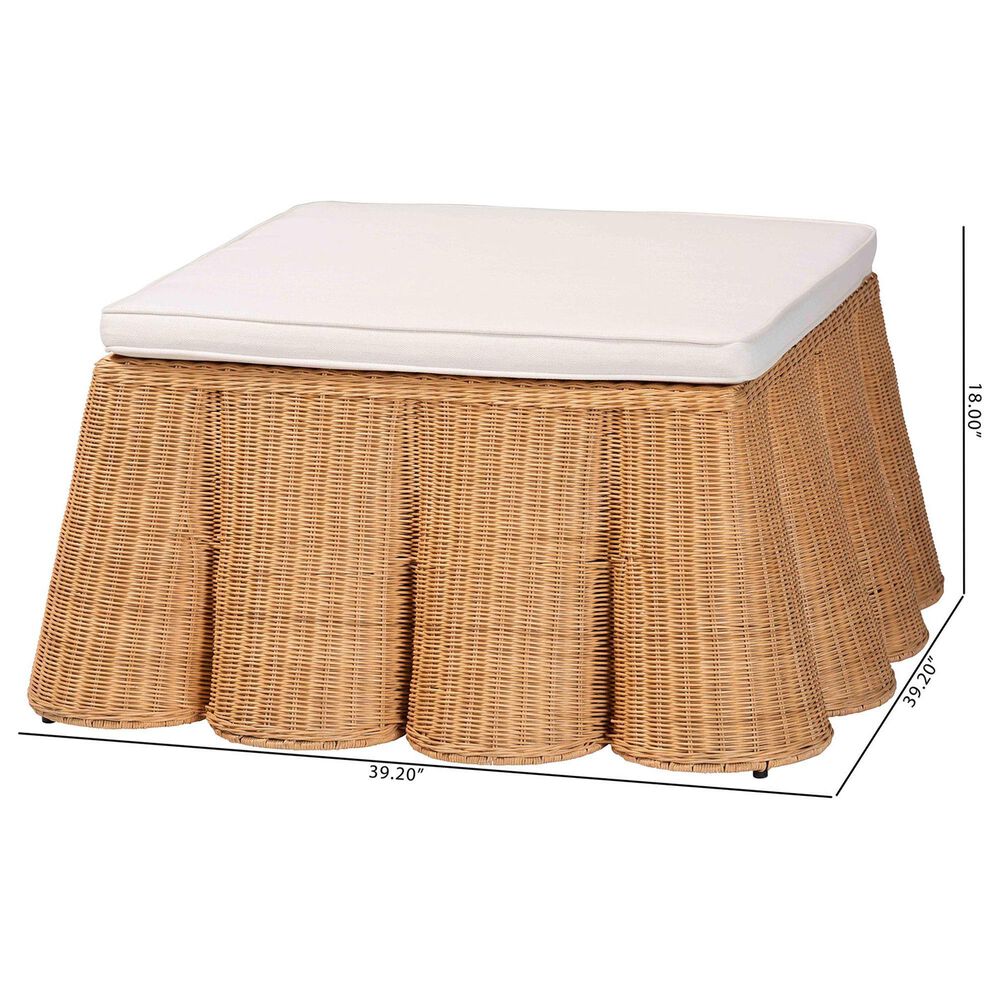 bali &amp; pari Palm 39" Square Ottoman with Light Honey Rattan in White, , large