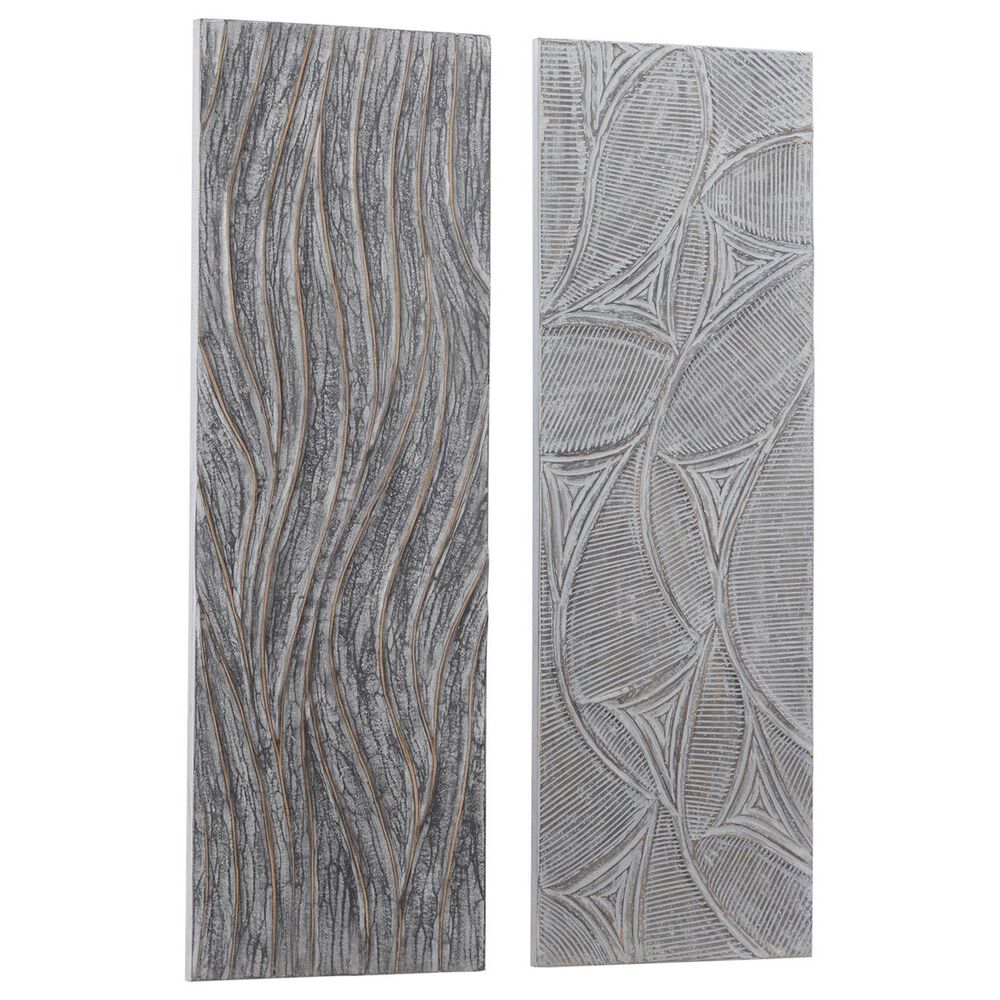 Maple and Jade 48&quot; x 16&quot; Wooden Leaf Intricately Carved Wall Decor in Distressed Gray &#40;Set of 2&#41;, , large