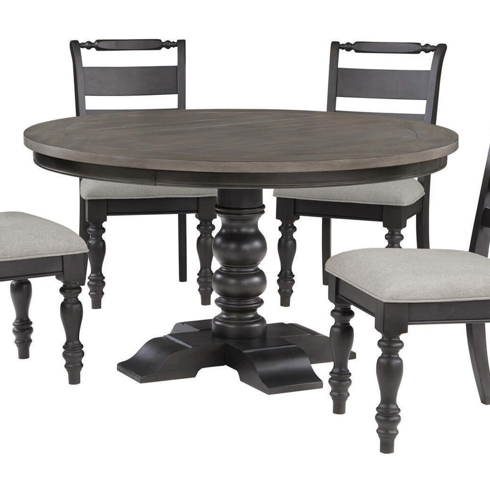 Boulder &amp; Pine French Country Pedestal Dining Table with Upholstered Side Chairs in Black and Dark Gray, , large