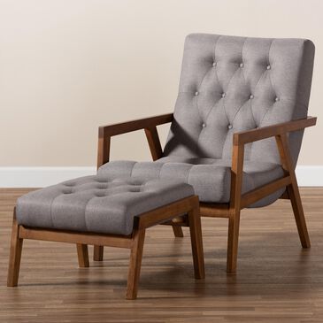Baxton Studio Naeva 2-Piece Armchair & Footstool Set in Grey/Brown, , large
