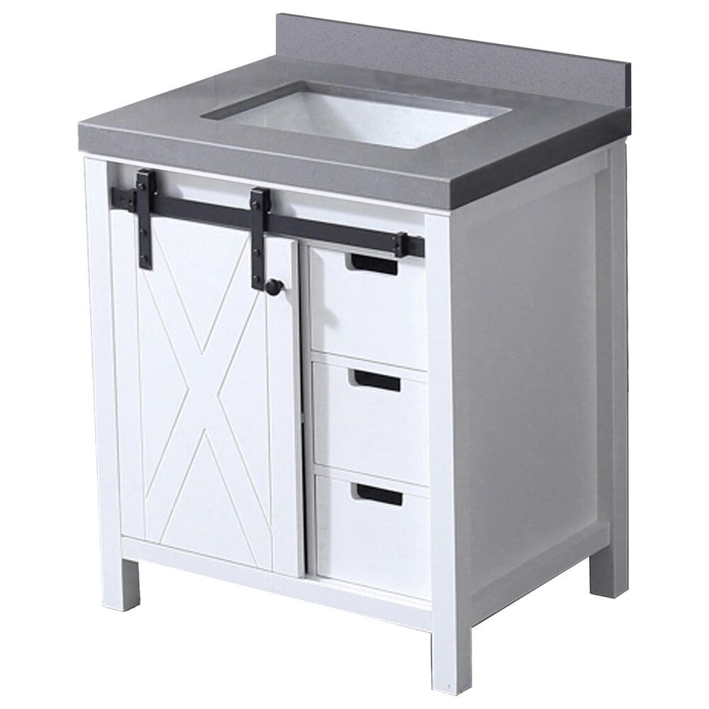 Lexora Home Marsyas 30&quot; Single Bathroom Vanity in White with Grey Quartz Top and Rectangular Sink, , large