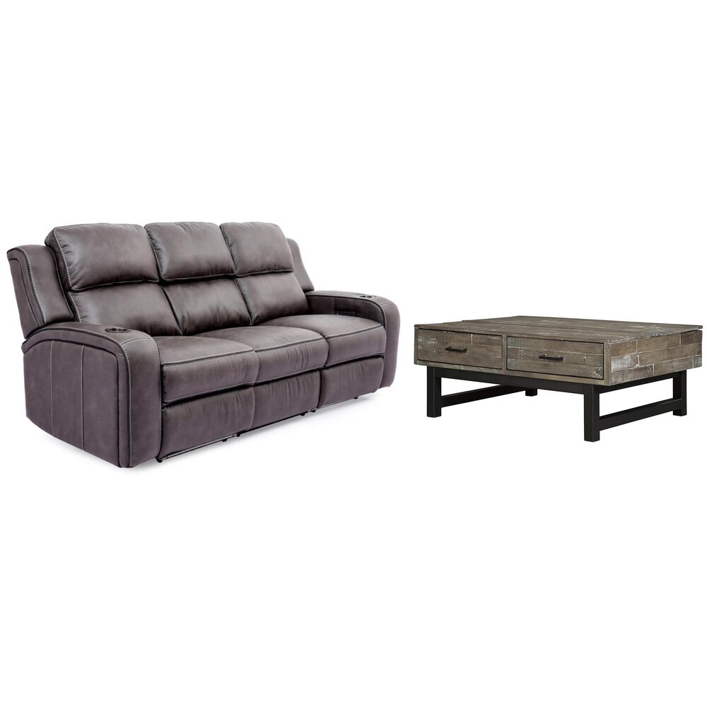 Oxford Furniture Power Reclining Sofa with Power Headrest and Coffee Table in Grayish Brown, , large