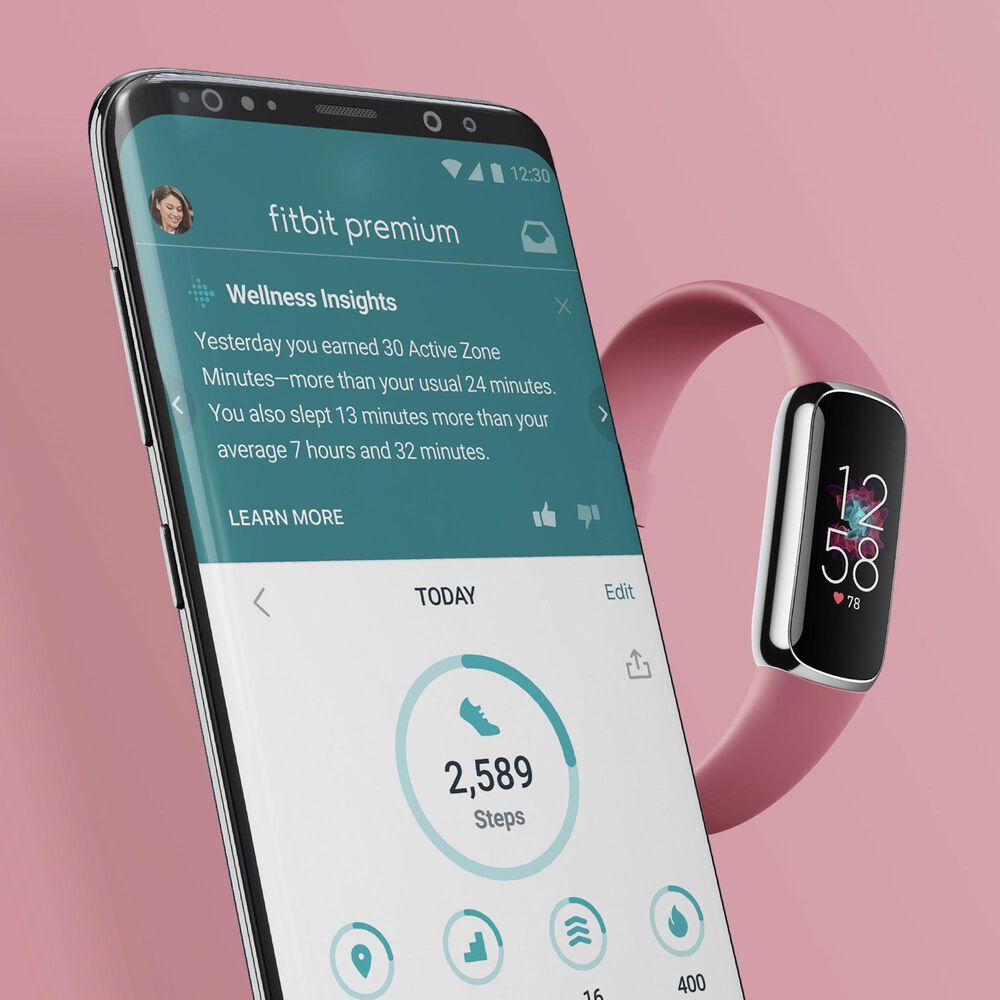 Fitbit Luxe Tracker with Orchid Band in Platinum Stainless Steel, , large