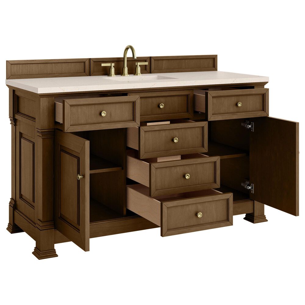 James Martin Vanities Brookfield 60&quot; Single Bathroom Vanity in Honey Oak with 3 cm Eternal Marfil Quartz Top and Rectangular Sink, , large