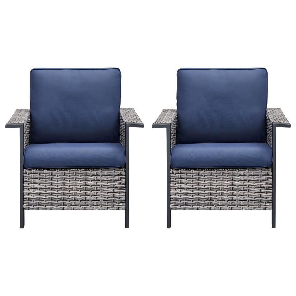 Sunwell Garden Patio Stationary Chair with Brown Frame and Square Armrests in Navy (Set of 2), , large