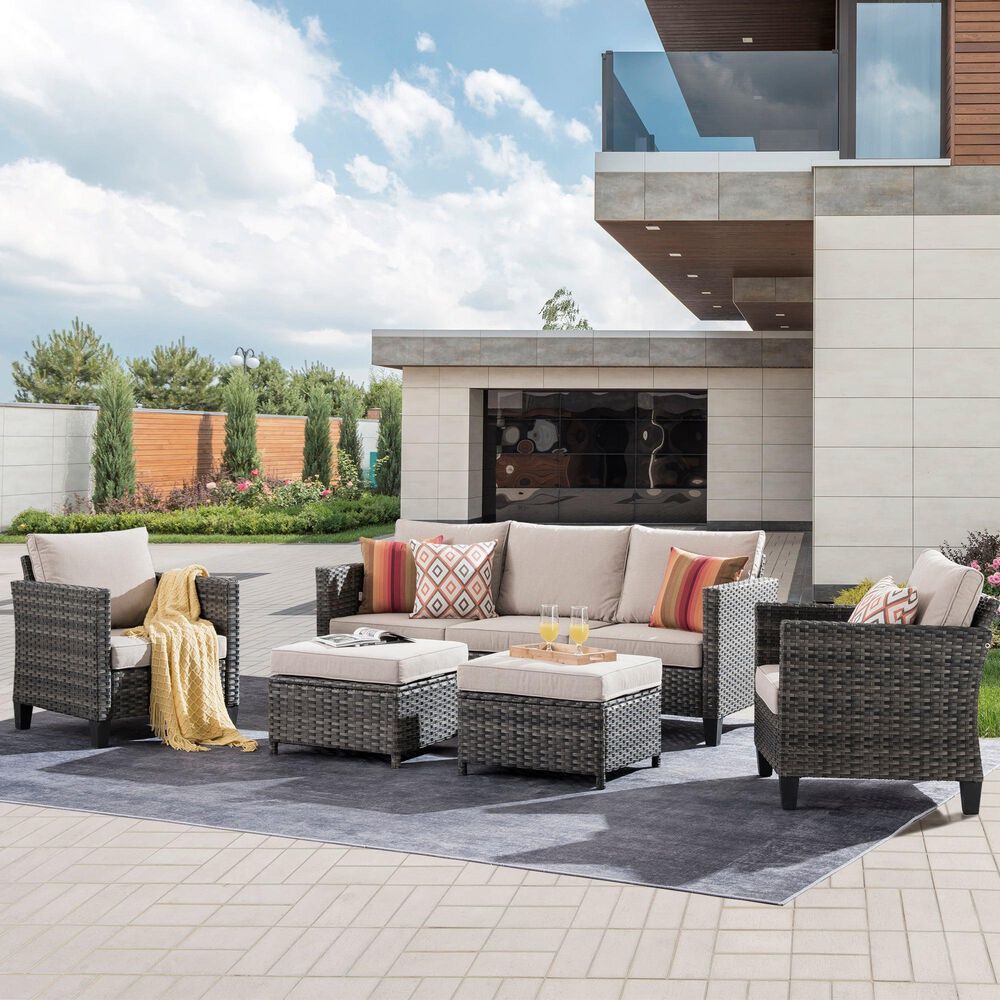 HOMLUX 5-Piece Outdoor Wicker Patio Furniture Set, High Back Rattan Sofa with Chairs, Ottomans &amp; Cushions in Beige, , large