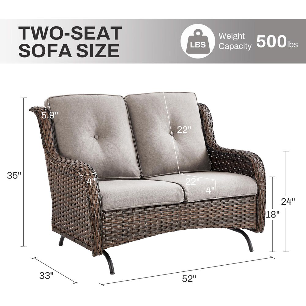 Sunwell Garden Outdoor Glider Loveseat with Brown Rattan in Beige, , large
