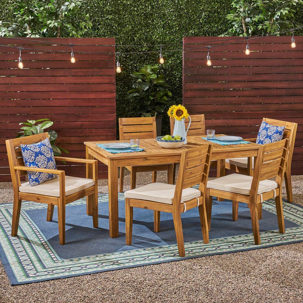 Hearth and Haven 7-Piece Outdoor Expandable Dining Set with Beige Cushions in Natural, , large