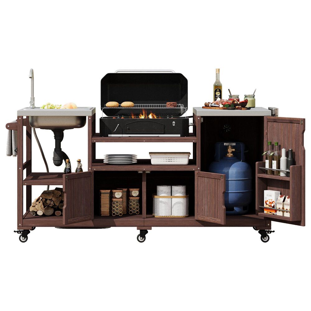 HOMLUX 75.4" Outdoor Kitchen Island with Sink, Solid Wood Outdoor Grill Cart for XL Green Egg Grills, Rolling Outdoor Bar Cart with Stainless Steel Top, for Pizza Prep &amp; BBQ, Brown, , large