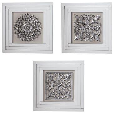 Maple and Jade 16" x 16" Glam Flowers Wall Decor in Silver and White (Set of 3), , large