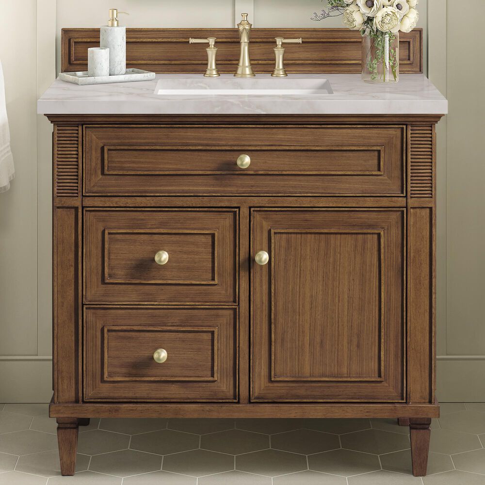 James Martin Vanities Lorelai 36&quot; Single Vanity in Mid-Century Walnut with 3 cm Victorian Silver Quartz Top, , large