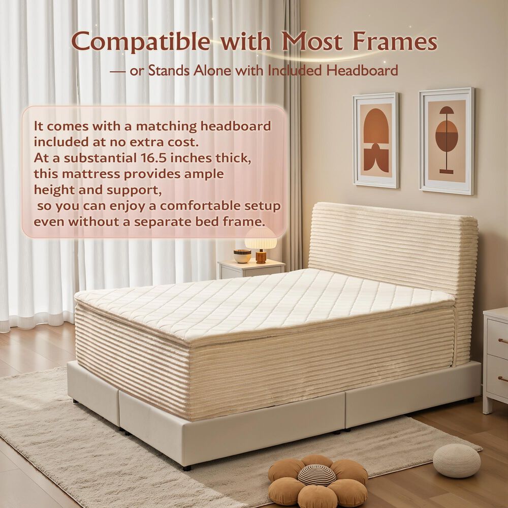 HOMLUX Plush Full Mattress with Beige Headboard, , large